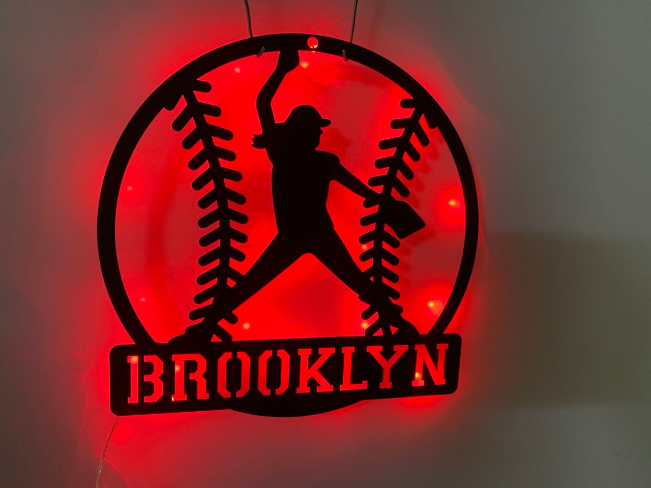 Custom Girl Baseball Metal Wall Art With Led Light, Personalized Baseball Player Metal Name Sign, Softball Sport Metal Wall Led Decor