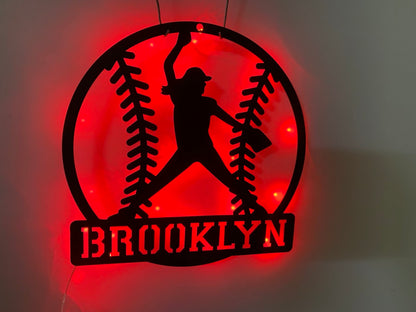 Custom Girl Baseball Metal Wall Art With Led Light, Personalized Baseball Player Metal Name Sign, Softball Sport Metal Wall Led Decor