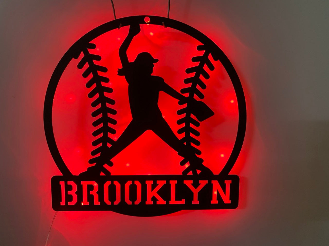 Custom Girl Baseball Metal Wall Art With Led Light, Personalized Baseball Player Metal Name Sign, Softball Sport Metal Wall Led Decor