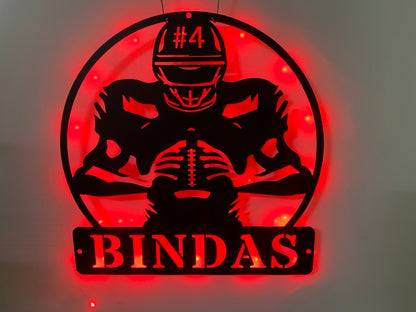 Personalized American Football Metal Name Sign With Led Light, Custom Us Football Player Metal Wall Art, American Football Sport Wall Led Decor