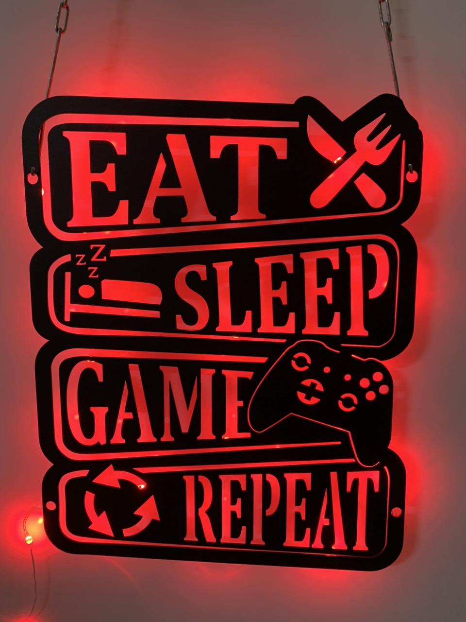 Eat Sleep Game Repeat Metal Sign Led Light, Video Game Controller Meatl Wall Art, Game Zone Kids Room Metal Wall Led Decor