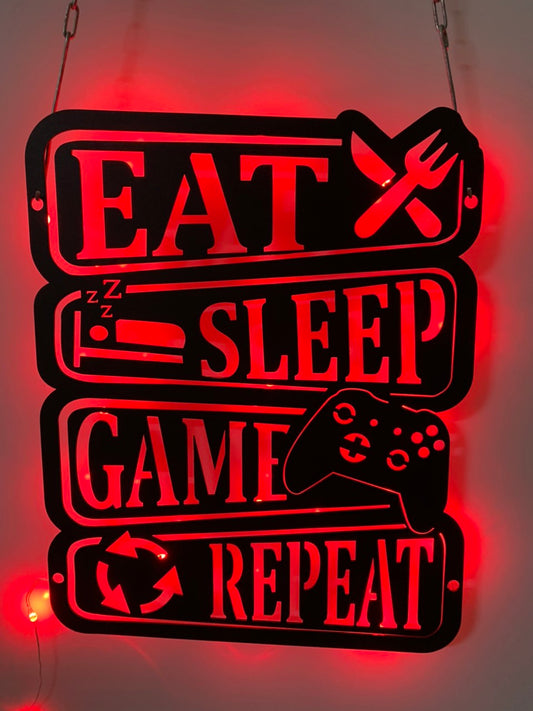 Eat Sleep Game Repeat Metal Sign Led Light, Video Game Controller Meatl Wall Art, Game Zone Kids Room Metal Wall Led Decor