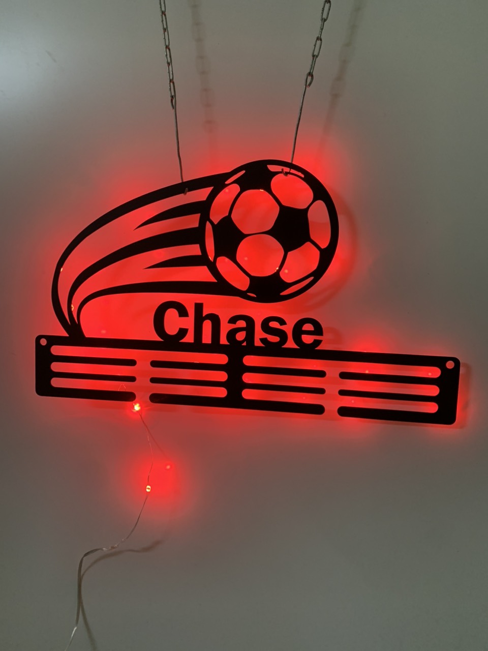 Custom Soccer Medal Holder With Led Light, Personalized Football Player Name Medal Hanger, Soccer Medal Display Awards Metal Wall Sign