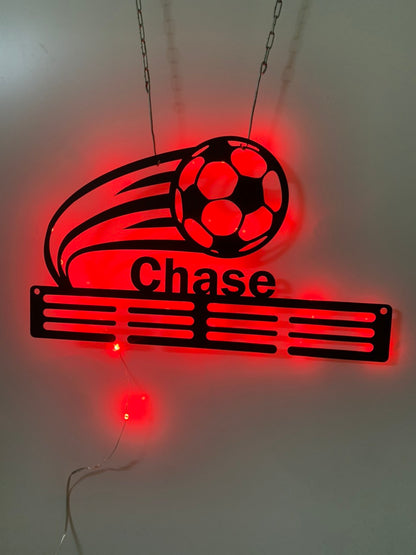 Custom Soccer Medal Holder With Led Light, Personalized Football Player Name Medal Hanger, Soccer Medal Display Awards Metal Wall Sign