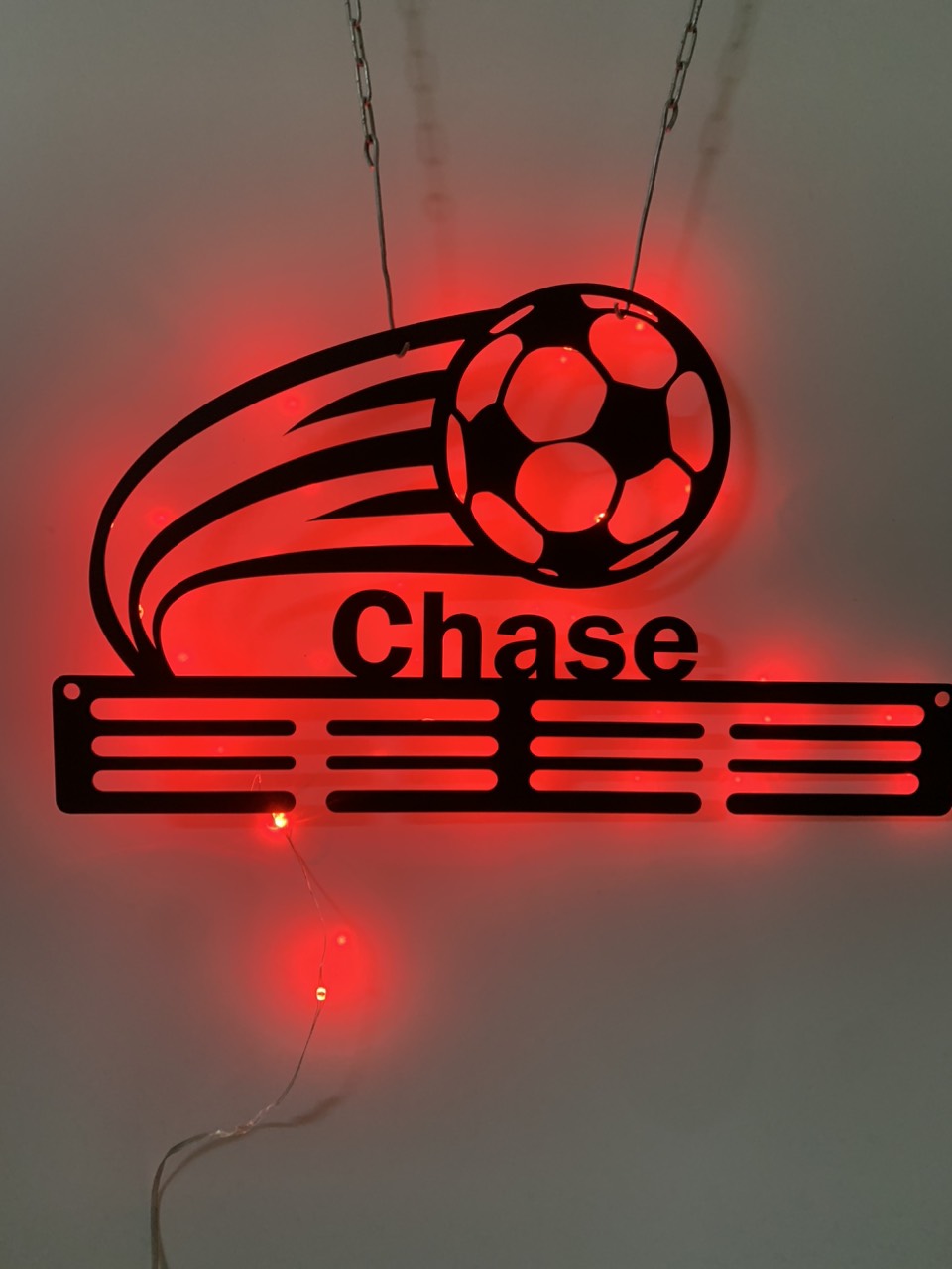 Custom Soccer Medal Holder With Led Light, Personalized Football Player Name Medal Hanger, Soccer Medal Display Awards Metal Wall Sign