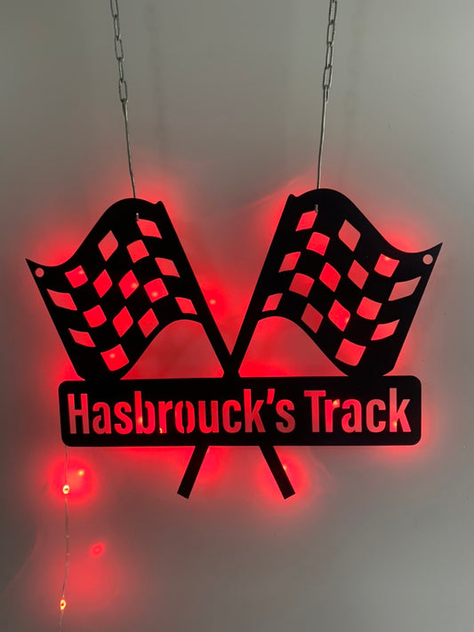 Custom Racing Flag Metal Wall Art With Led Lights, Personalized Racing Flag Go Kart Racing Metal Sign, Man Cave Garage Metal Wall Sign