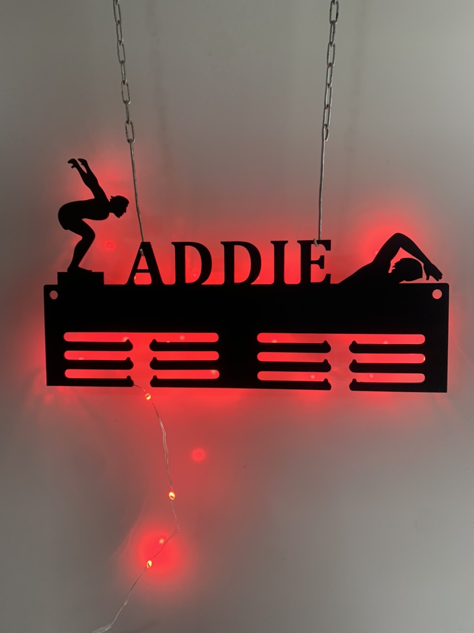 Personalized Swimming Medal Holder With Led Lights, Custom Name Swimming Medal Hanger, Swimming Sports Led Metal Display Rack For Awards