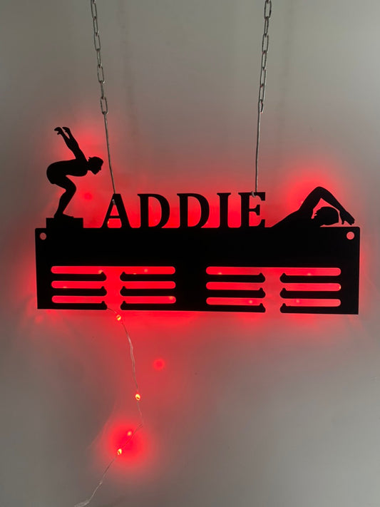 Personalized Swimming Medal Holder With Led Lights, Custom Name Swimming Medal Hanger, Swimming Sports Led Metal Display Rack For Awards