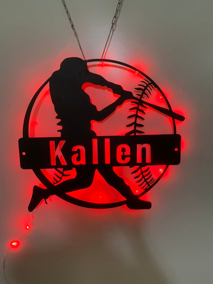 Custom Baseball Metal Wall Art With Led Lights, Personalized Baseball Player Metal Name Sign, Softball Sport Metal Wall Led Decor