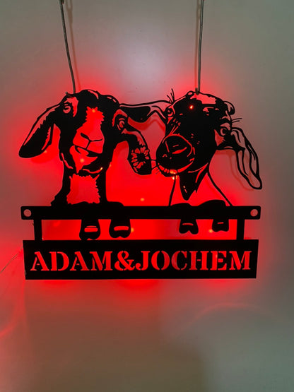 Custom Funny Goat Love Farmhouse Metal Wall Art Led Light, Personalized Couple Goat Farm Name Metal Sign, Goat Barn Animal Farm Led Sign