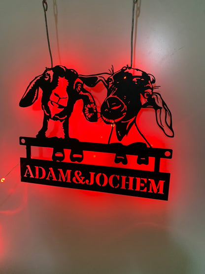 Custom Funny Goat Love Farmhouse Metal Wall Art Led Light, Personalized Couple Goat Farm Name Metal Sign, Goat Barn Animal Farm Led Sign