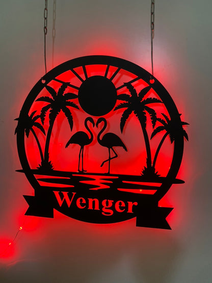 Custom Flamingo Metal Sign With Led Light, Personalized Flamingo Palm Tree Metal Name Sign, Beach House Tiki Bar Metal Wall Led Decor