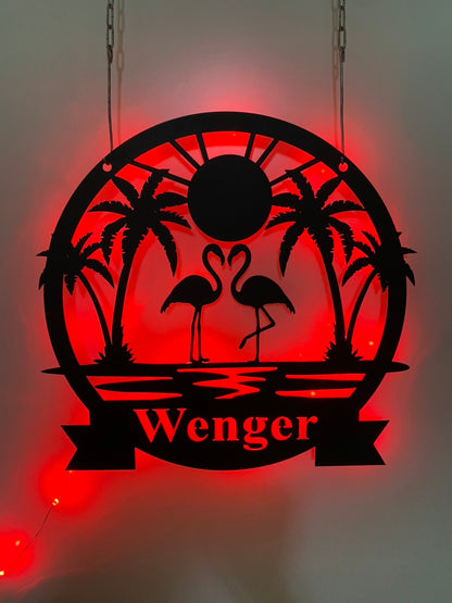 Custom Flamingo Metal Sign With Led Light, Personalized Flamingo Palm Tree Metal Name Sign, Beach House Tiki Bar Metal Wall Led Decor