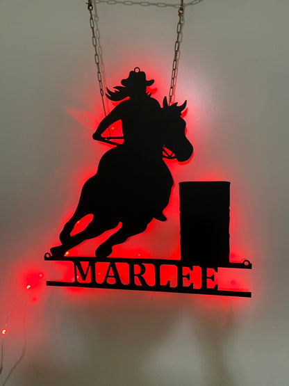 Custom Barrel Racing Galloping Horse Metal Wall Art With Led Light, Personalized Barrel Racing Metal Name Sign, Barrel Racing Team Roping Sign