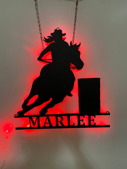 Custom Barrel Racing Galloping Horse Metal Wall Art With Led Light, Personalized Barrel Racing Metal Name Sign, Barrel Racing Team Roping Sign