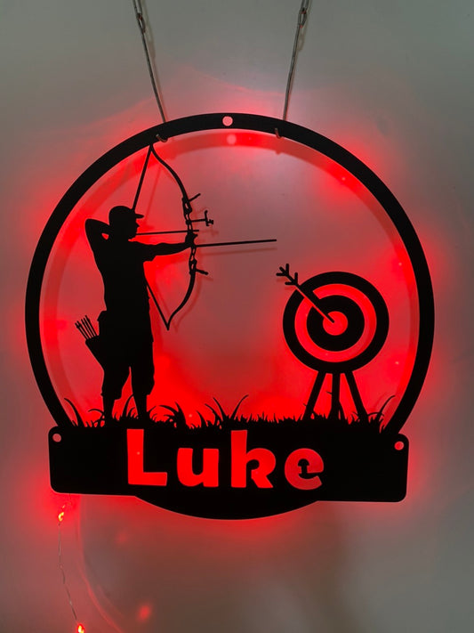 Personalized Archery Metal Wall Art With Led Lights, Custom Archer Name Led Metal Sign, Archery Sport Metal Led Wall Decor