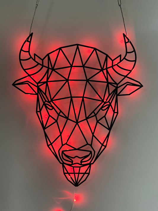 Geometric Bison Metal Sign With Led Light, Geometric Bison Cow Metal Wall Led Sign, Bison Farmhouse Metal Wall Art Led Light