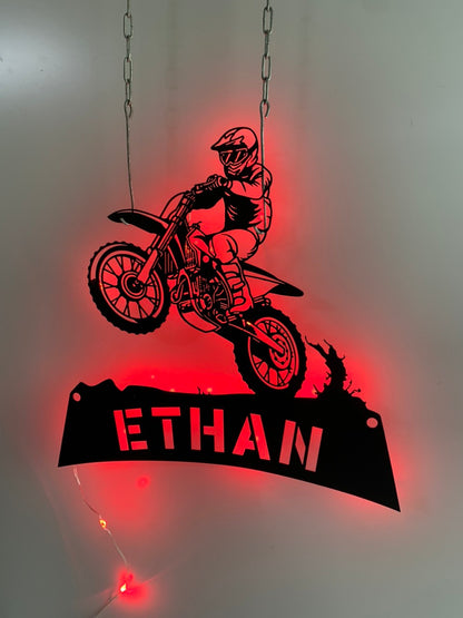Custom Dirt Bike Metal Wall Art With Led Light, Personalized Motorcycle Biker Metal Name Sign, Motocross Rider Metal Wall Led Decor