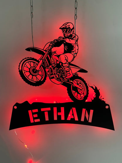 Custom Dirt Bike Metal Wall Art With Led Light, Personalized Motorcycle Biker Metal Name Sign, Motocross Rider Metal Wall Led Decor
