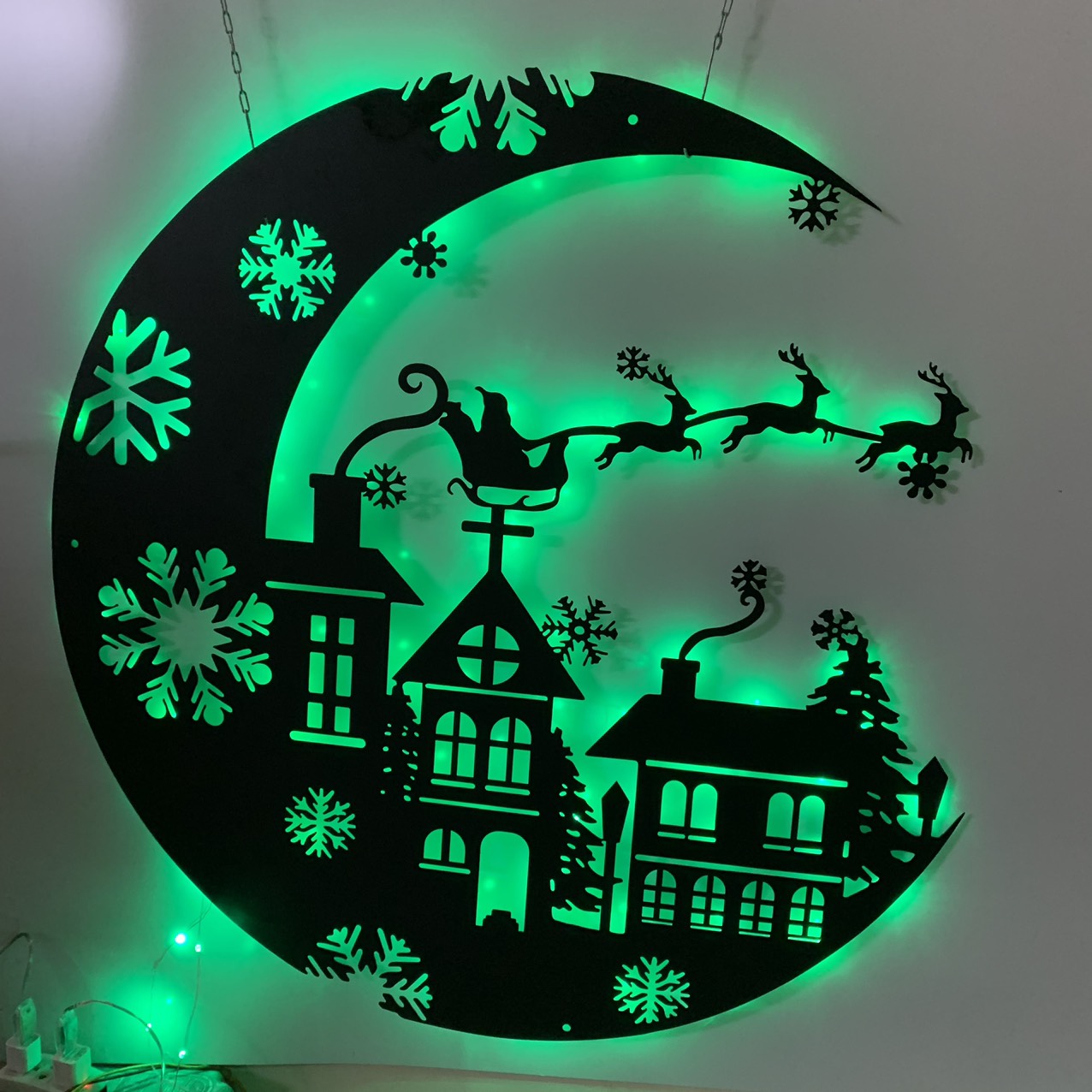 Santa Claus Metal Wall Art With Led Light, Santa's Sleigh Over Village Moon Metal Sign, Merry Christmas Santa Sleigh Metal Wall Led Sign