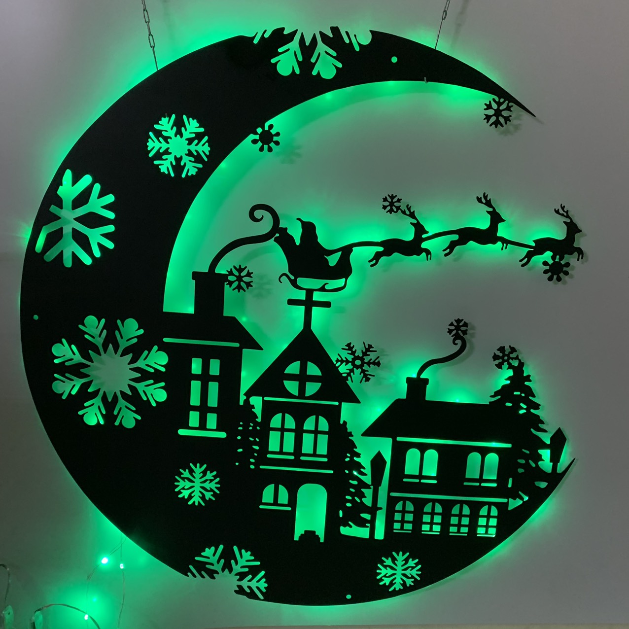 Santa Claus Metal Wall Art With Led Light, Santa's Sleigh Over Village Moon Metal Sign, Merry Christmas Santa Sleigh Metal Wall Led Sign