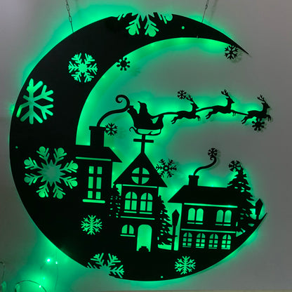 Santa Claus Metal Wall Art With Led Light, Santa's Sleigh Over Village Moon Metal Sign, Merry Christmas Santa Sleigh Metal Wall Led Sign