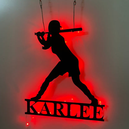 Custom Girl Baseball Metal Wall Art With Led Light, Personalized Softball Player Metal Name Sign, Baseball Sport Metal Wall Led Decor