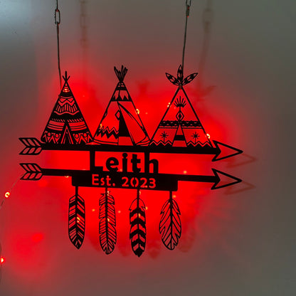 Custom Tent Native American Indian Teepee Metal Wall Art Led Lights, Personalized Indian Warrior Metal Name Sign, Tribe Tents Metal Decor