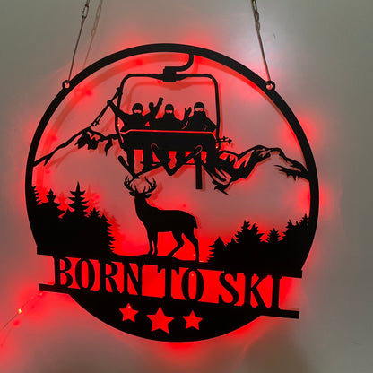 Ski Lift Chair Metal Wall Art With Led Lights, Skiing Winter Sport Metal Sign, Man Cave Decoration, Mountain Skiing Metal Led Sign