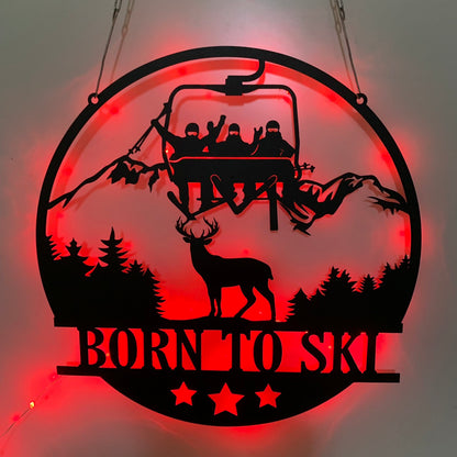 Ski Lift Chair Metal Wall Art With Led Lights, Skiing Winter Sport Metal Sign, Man Cave Decoration, Mountain Skiing Metal Led Sign