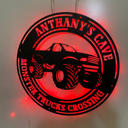 Personalized Monster Truck Metal Wall Art With Led Light, Custom Monster Truck Metal Name Sign, Truck Car Man Cave Metal Wall Led Decor