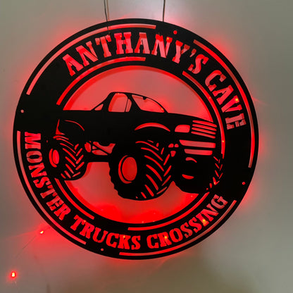 Personalized Monster Truck Metal Wall Art With Led Light, Custom Monster Truck Metal Name Sign, Truck Car Man Cave Metal Wall Led Decor