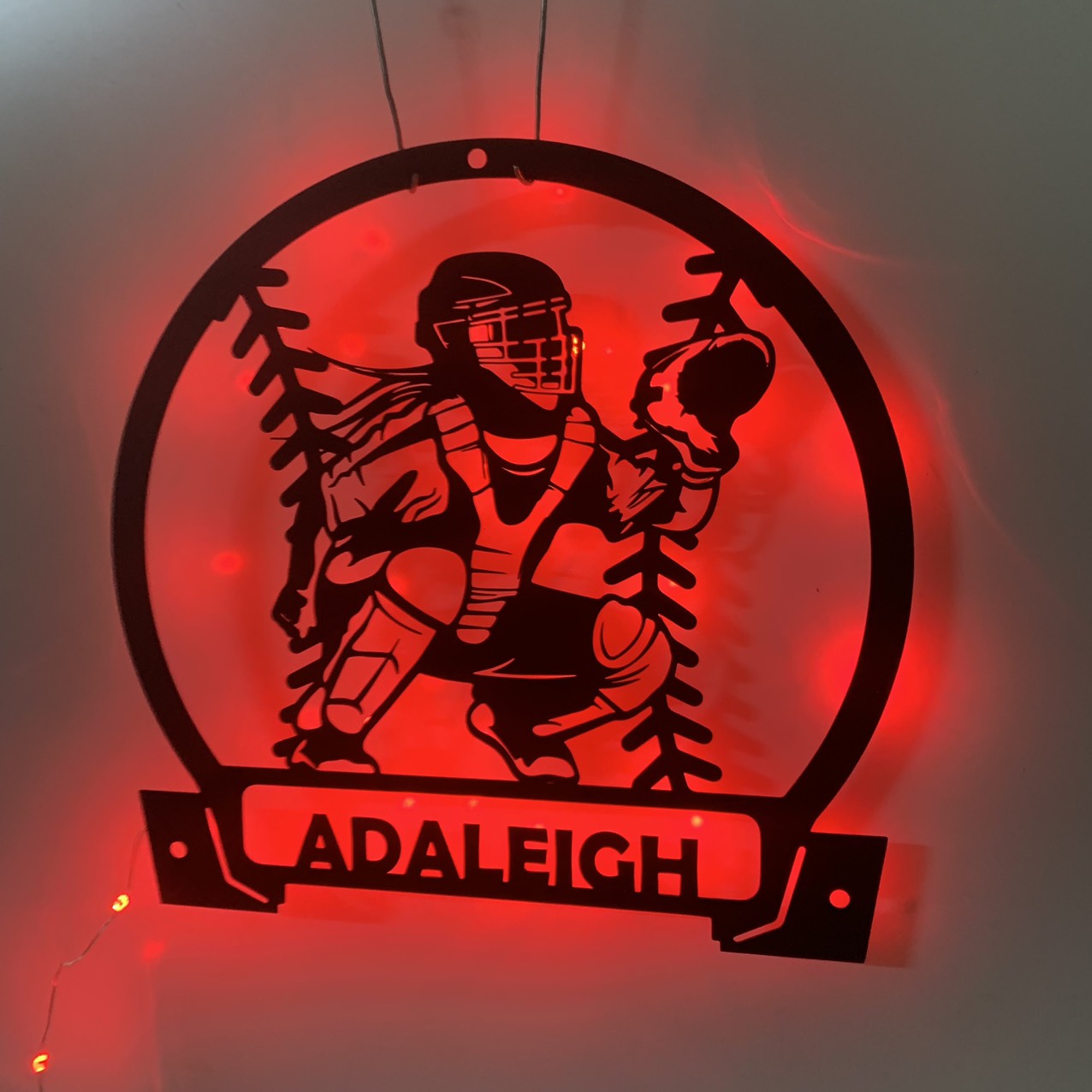 Custom Softball Catcher Metal Wall Art With Led Lights, Personalized Baseball Player Metal Name Sign, Softball Sport Metal Wall Led Decor