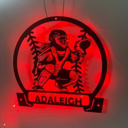 Custom Softball Catcher Metal Wall Art With Led Lights, Personalized Baseball Player Metal Name Sign, Softball Sport Metal Wall Led Decor