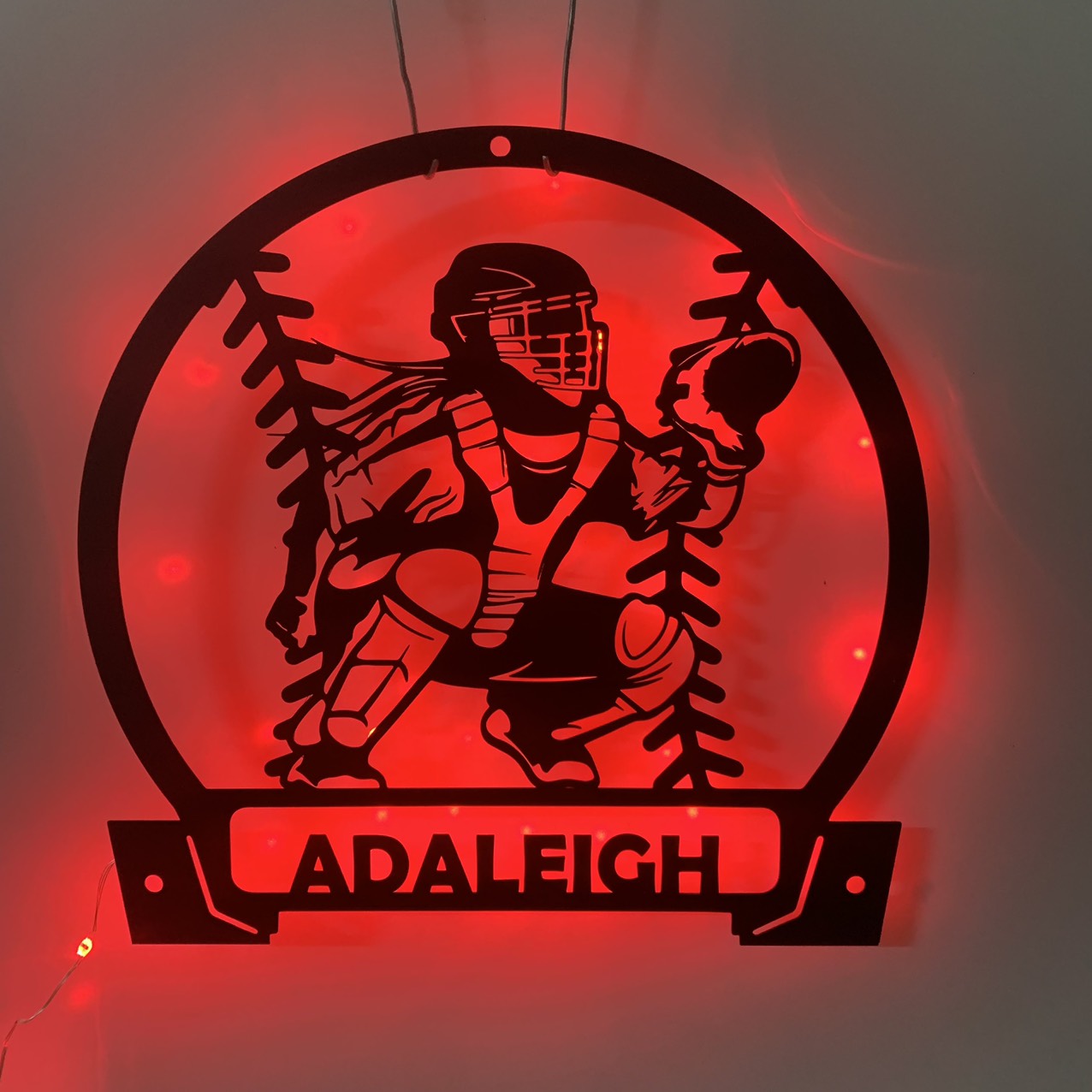 Custom Softball Catcher Metal Wall Art With Led Lights, Personalized Baseball Player Metal Name Sign, Softball Sport Metal Wall Led Decor