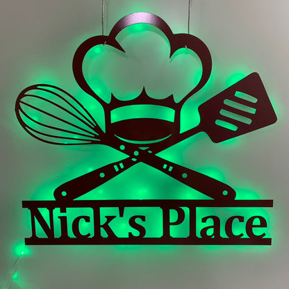 Custom Master Chef Metal Wall Art Led Light, Personalized Cooking Chef Hat Metal Name Sign, Kitchen Catering Service Dining Room Metal Decor