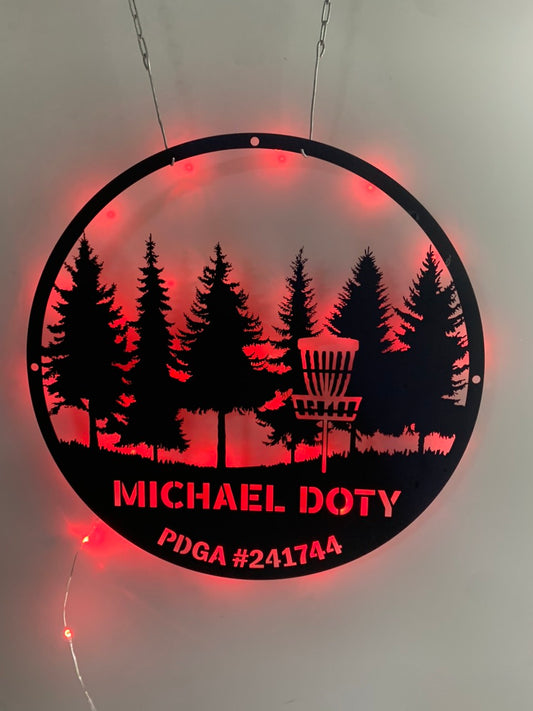 Custom Disc Golf Player Metal Wall Art Led Lights, Personalized Disc Golfer Metal Name Sign, Disc Golf Man Cave Metal Wall Led Decor