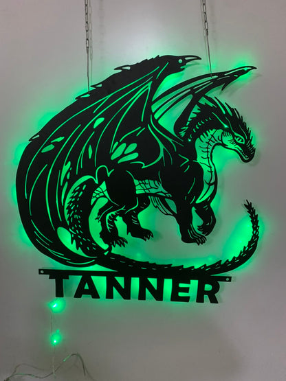 Custom Dragon Metal Sign With Led Lights, Dragon Name Metal Art, Monogram Dragon Wall Decor, Mythical Dragon Metal Wall Hanging