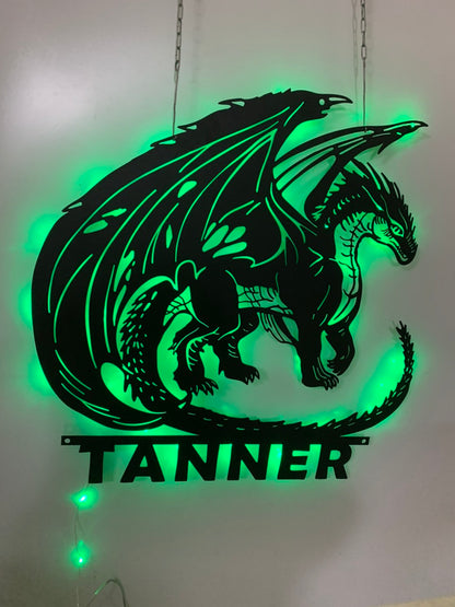 Custom Dragon Metal Sign With Led Lights, Dragon Name Metal Art, Monogram Dragon Wall Decor, Mythical Dragon Metal Wall Hanging