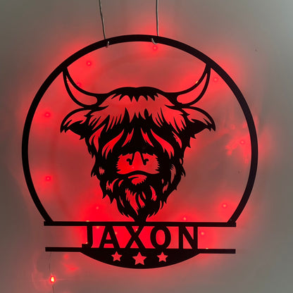 Custom Highland Cow Metal Wall Art With Led Light, Personalized Highland Cow Farm Metal Name Sign, Highland Cow Metal Wall Led Decor