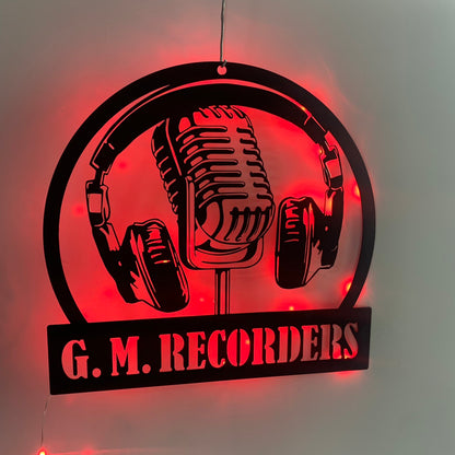 Custom Microphone And Headphone Metal Sign With Led Lights, Personalized Headphone Metal Name Sign, Music Room Music Studio Metal Wall Art