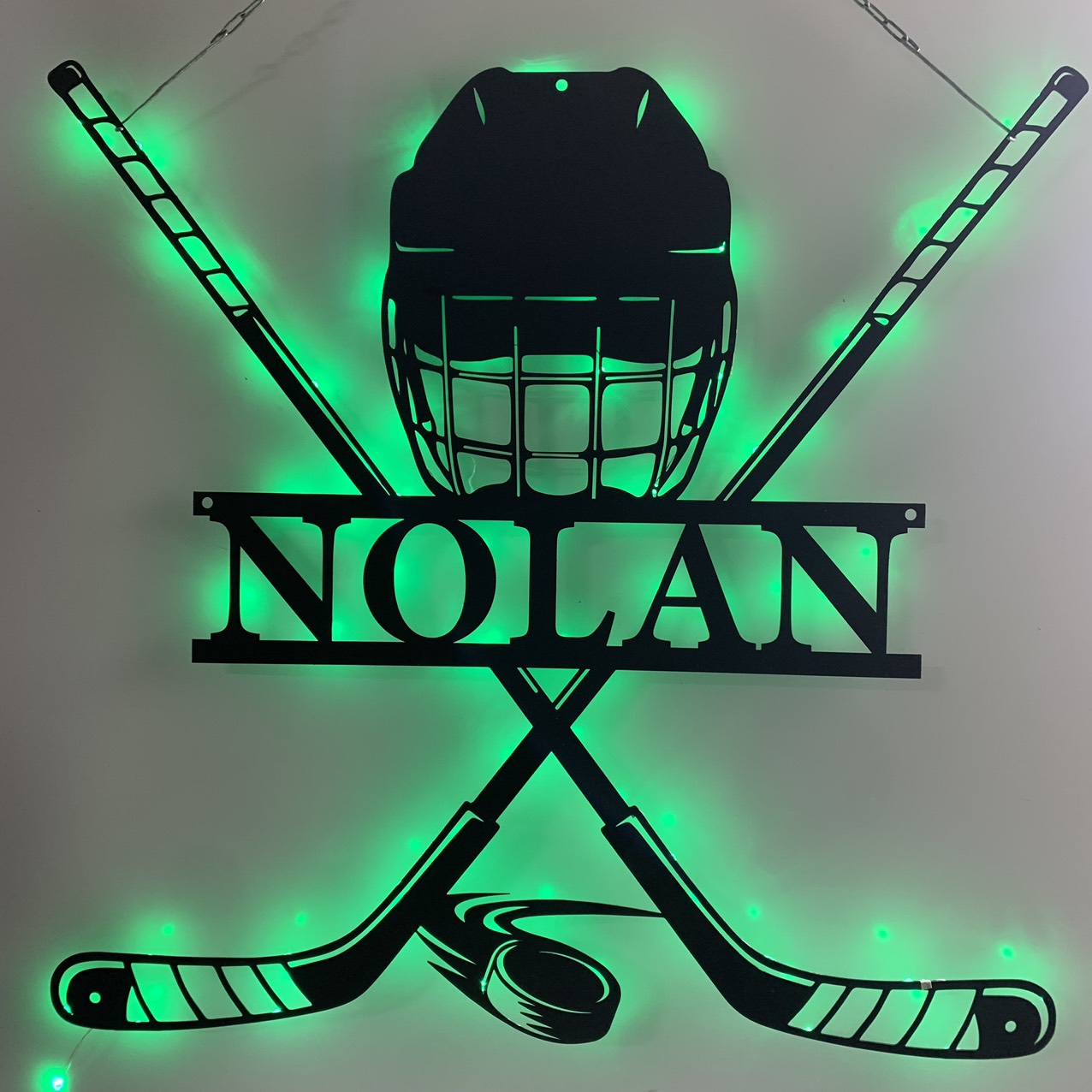 Custom Hockey Stick & Helmet Metal Wall Art Led Light, Personalized Ice Hockey Player Name Metal Sign, Hockey Sport Metal Wall Led Decor