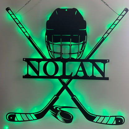 Custom Hockey Stick & Helmet Metal Wall Art Led Light, Personalized Ice Hockey Player Name Metal Sign, Hockey Sport Metal Wall Led Decor