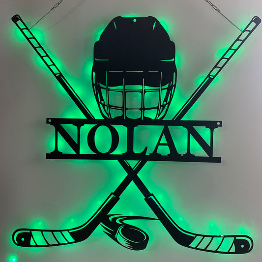 Custom Hockey Stick & Helmet Metal Wall Art Led Light, Personalized Ice Hockey Player Name Metal Sign, Hockey Sport Metal Wall Led Decor