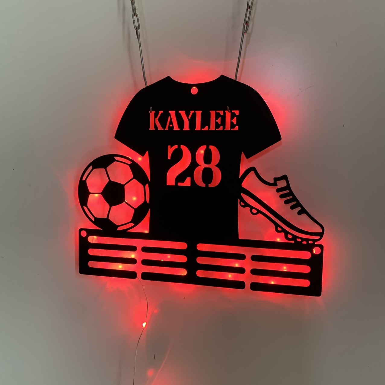 Personalized Soccer Medal Holder With Led Lights, Custom Football Player Name Medal Hanger, Soccer Medal Display Awards Metal Wall Sign