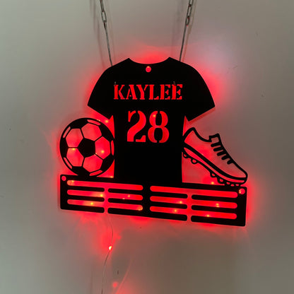 Personalized Soccer Medal Holder With Led Lights, Custom Football Player Name Medal Hanger, Soccer Medal Display Awards Metal Wall Sign