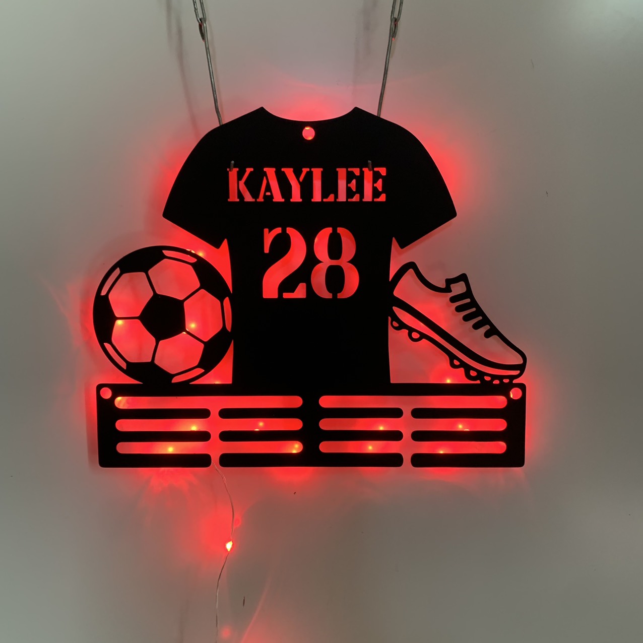 Personalized Soccer Medal Holder With Led Lights, Custom Football Player Name Medal Hanger, Soccer Medal Display Awards Metal Wall Sign