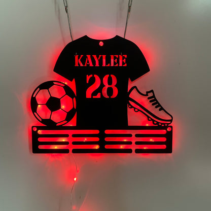 Personalized Soccer Medal Holder With Led Lights, Custom Football Player Name Medal Hanger, Soccer Medal Display Awards Metal Wall Sign