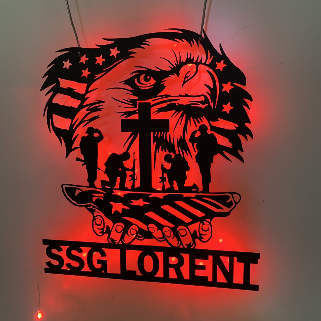 Custom Us Eagle Veteran Metal Wall Art With Led Light, American Soldier Kneeling Metal Name Sign, Soldier Military Veteran Sign