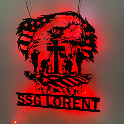 Custom Us Eagle Veteran Metal Wall Art With Led Light, American Soldier Kneeling Metal Name Sign, Soldier Military Veteran Sign